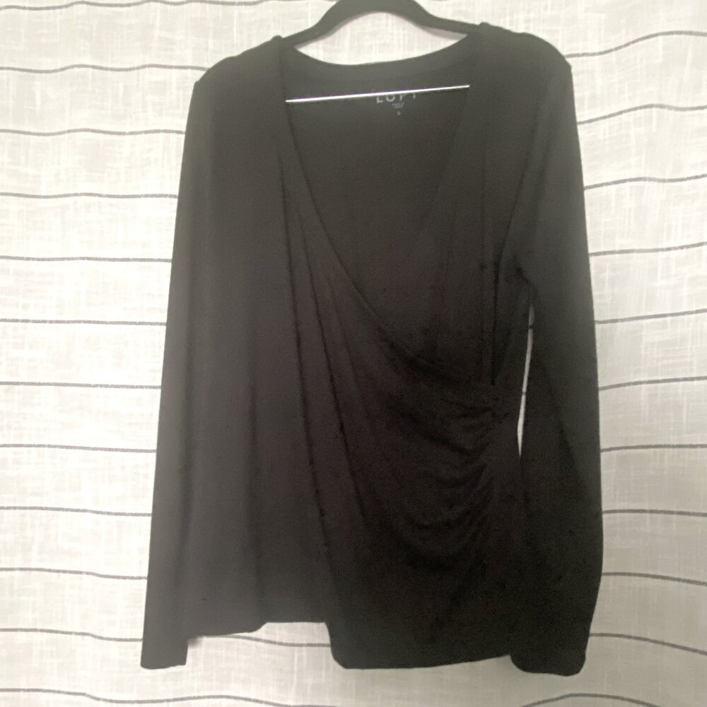 LOFT Black Mock-Wrap Ruched Top L